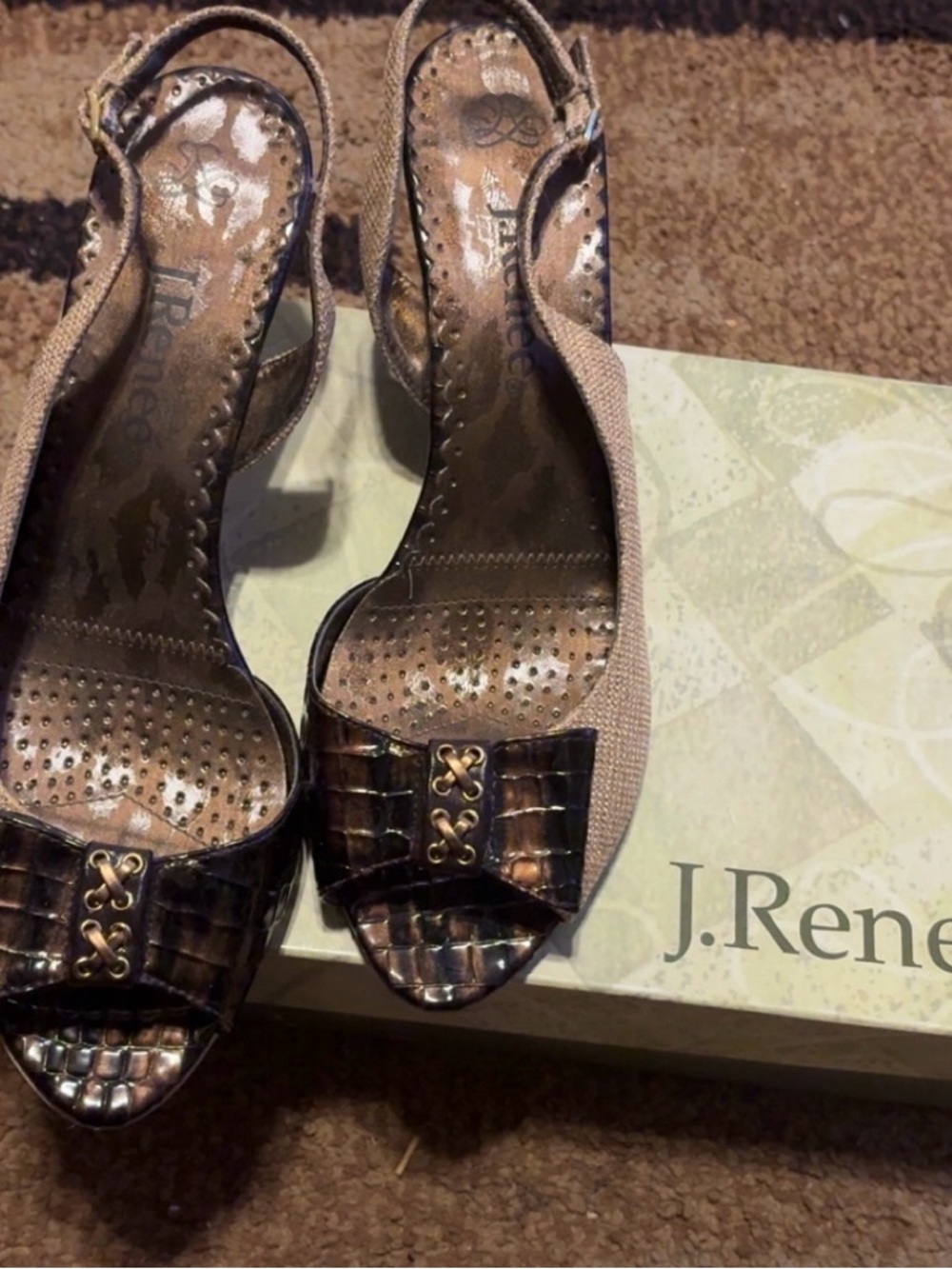 J.Renee Brown Croc-Trim Slingback Peep-Toe Heels with Gold Accent